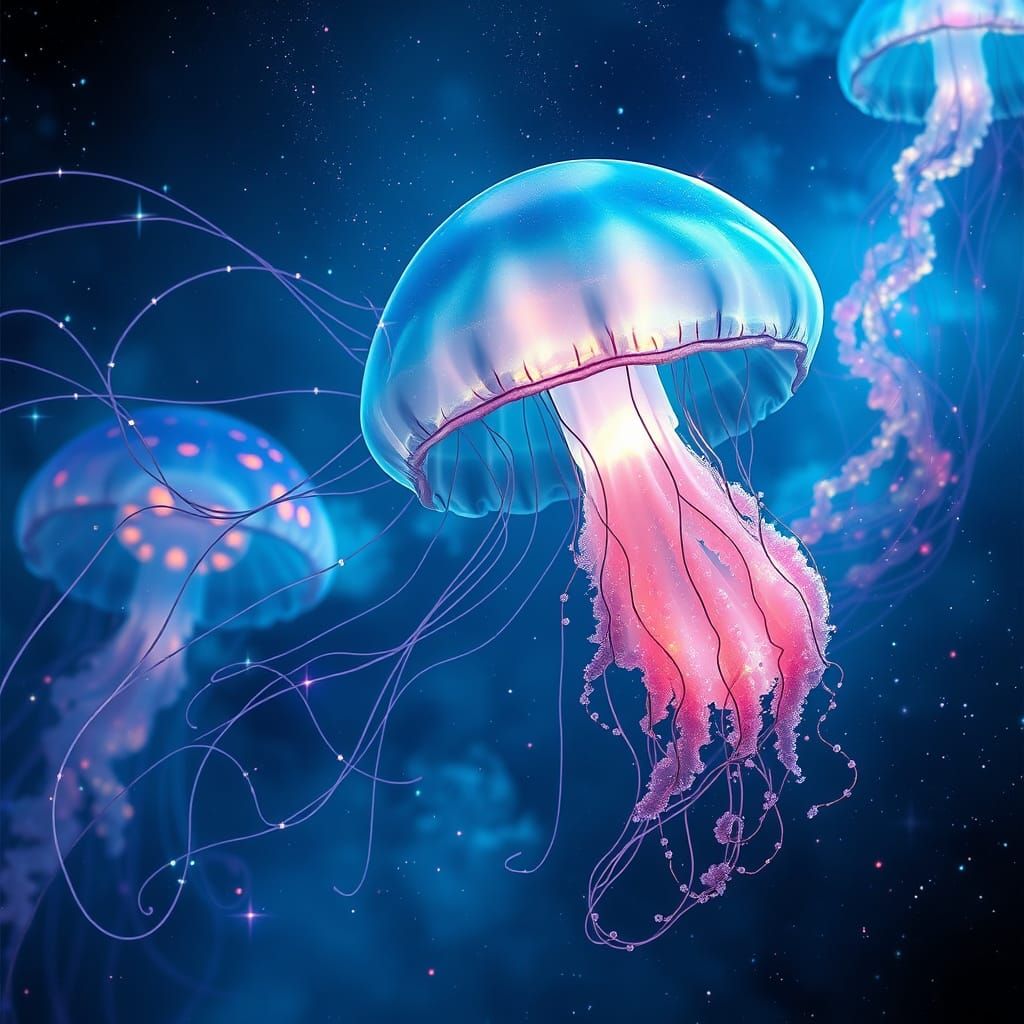 Bioluminescent Jellyfish Glides Through Cosmic Ocean