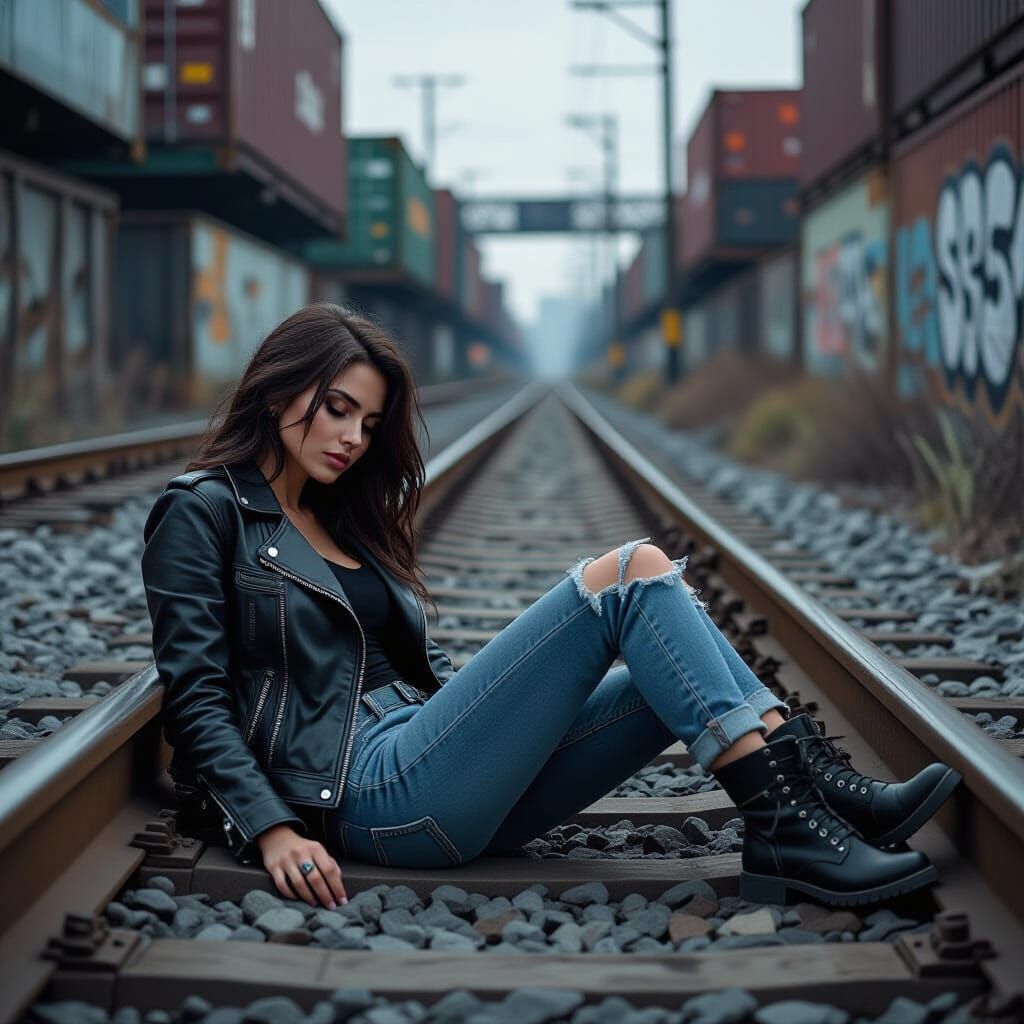 Woman Sleeping by Railroad Tracks in Dark Futurism Style