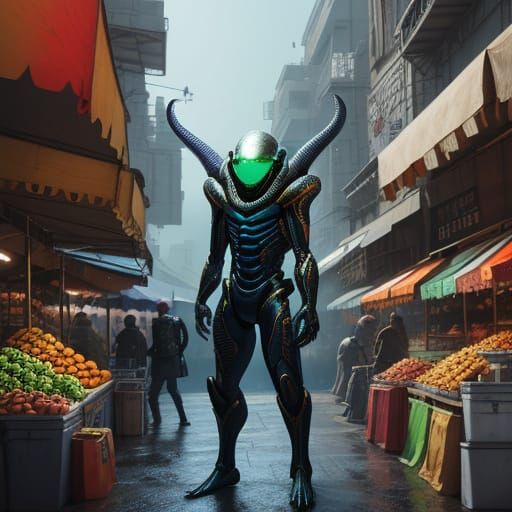 Alien in a Market: Hyperrealistic Concept Art