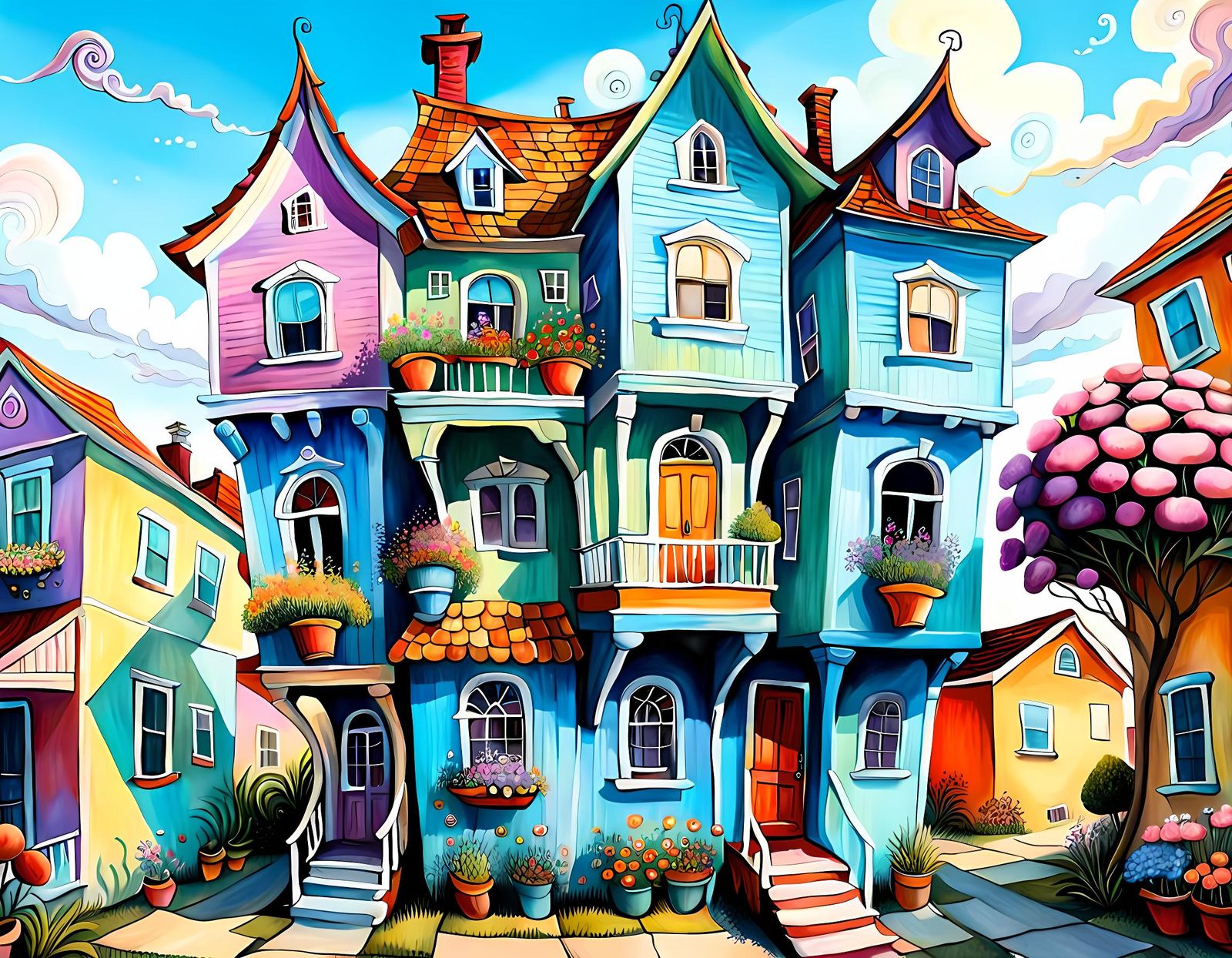 Colorful Upside-Down House in Pop Surrealist Style