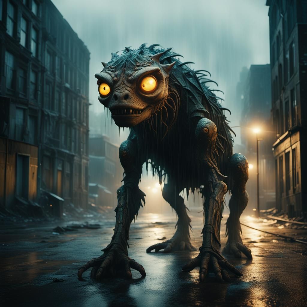 Mysterious Creature in Abandoned Cityscape