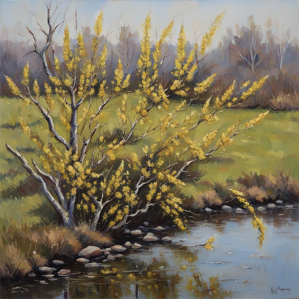 Bush with Catkins in Oil Painting Style