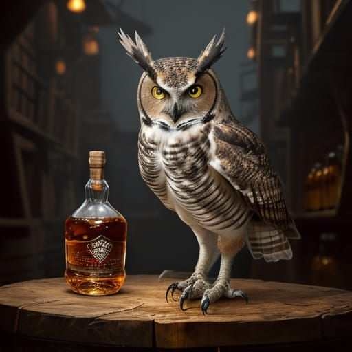 Great Horned Owl Pours Whiskey in Alleyway