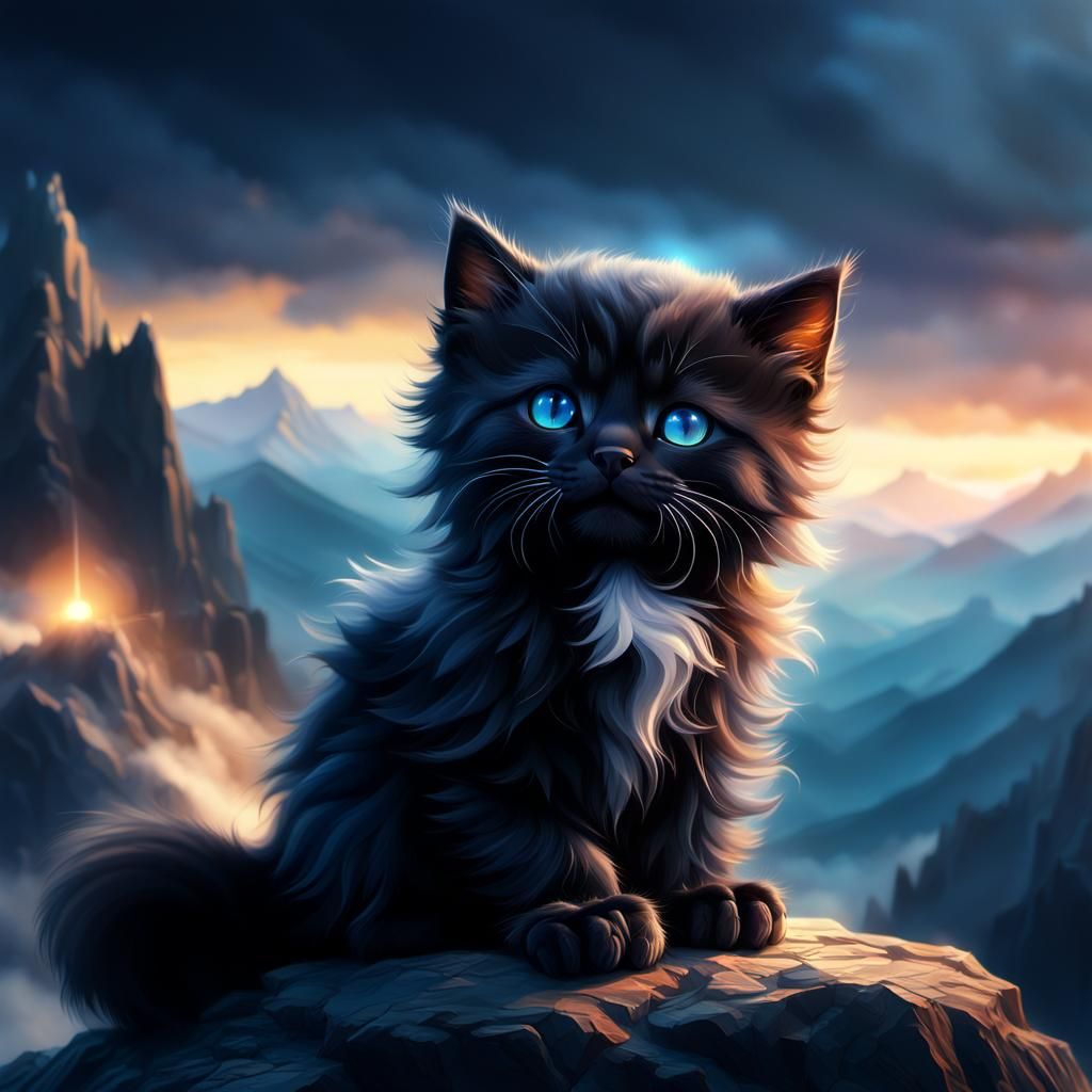 Dramatic Black Kitten Reigns on Mystical Mountain Peak in Ci...