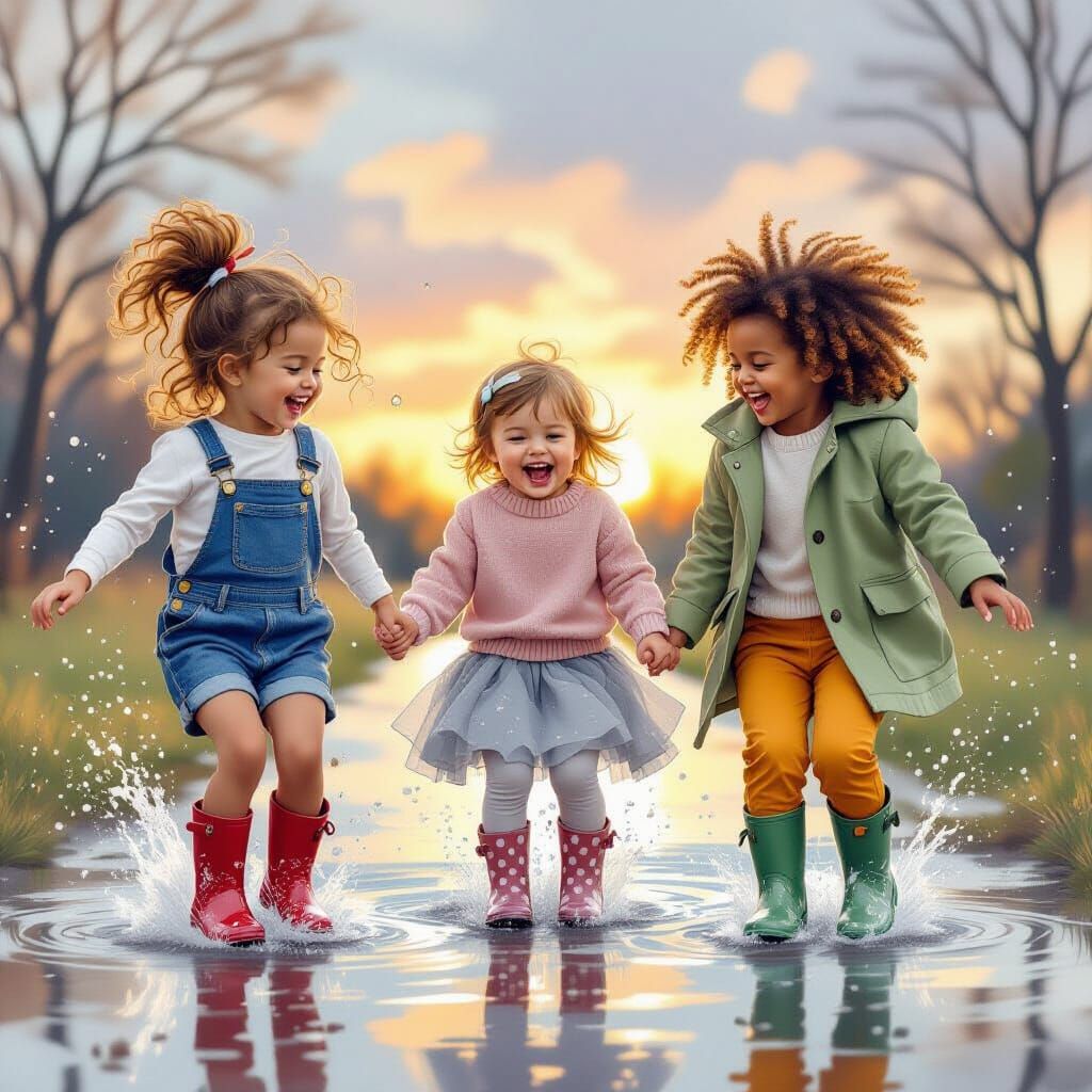 Joyful Girls Splashing in Puddles at Sunset