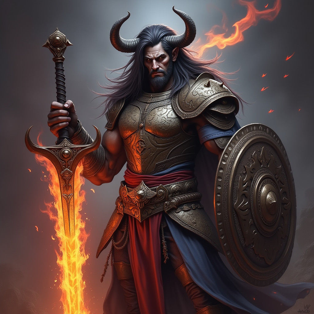 Tiefling Barbarian Warrior with Flaming Sword