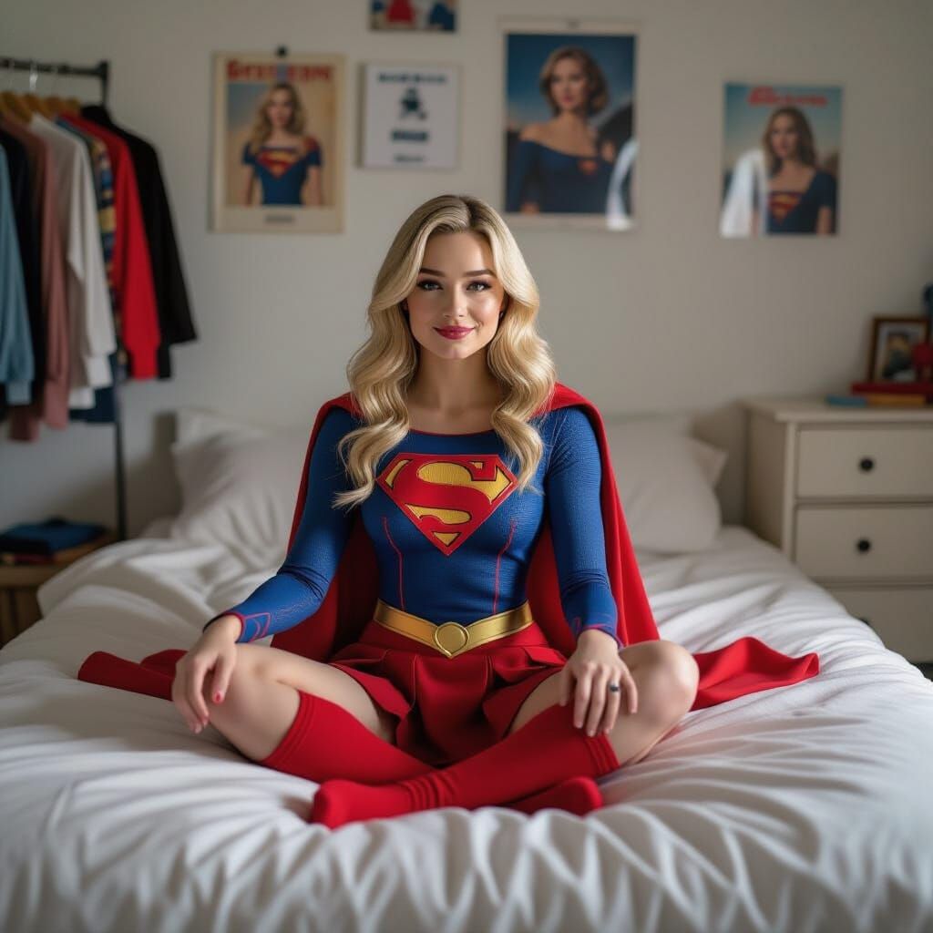 Supergirl in Relaxed Pose: Photorealistic Bedroom Portrait