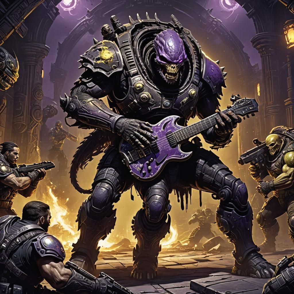 Menacing Alien Intimidates Character with Guitar