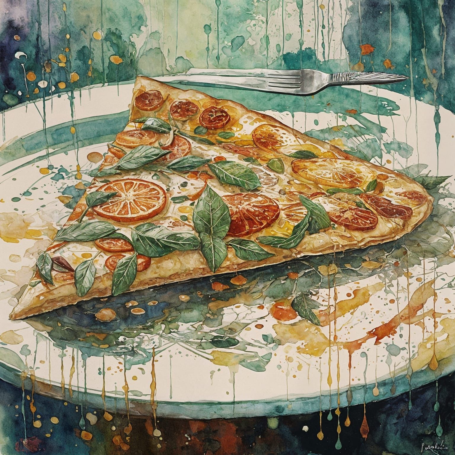Pizza Topping Monster in Double Exposure: Gouache Style