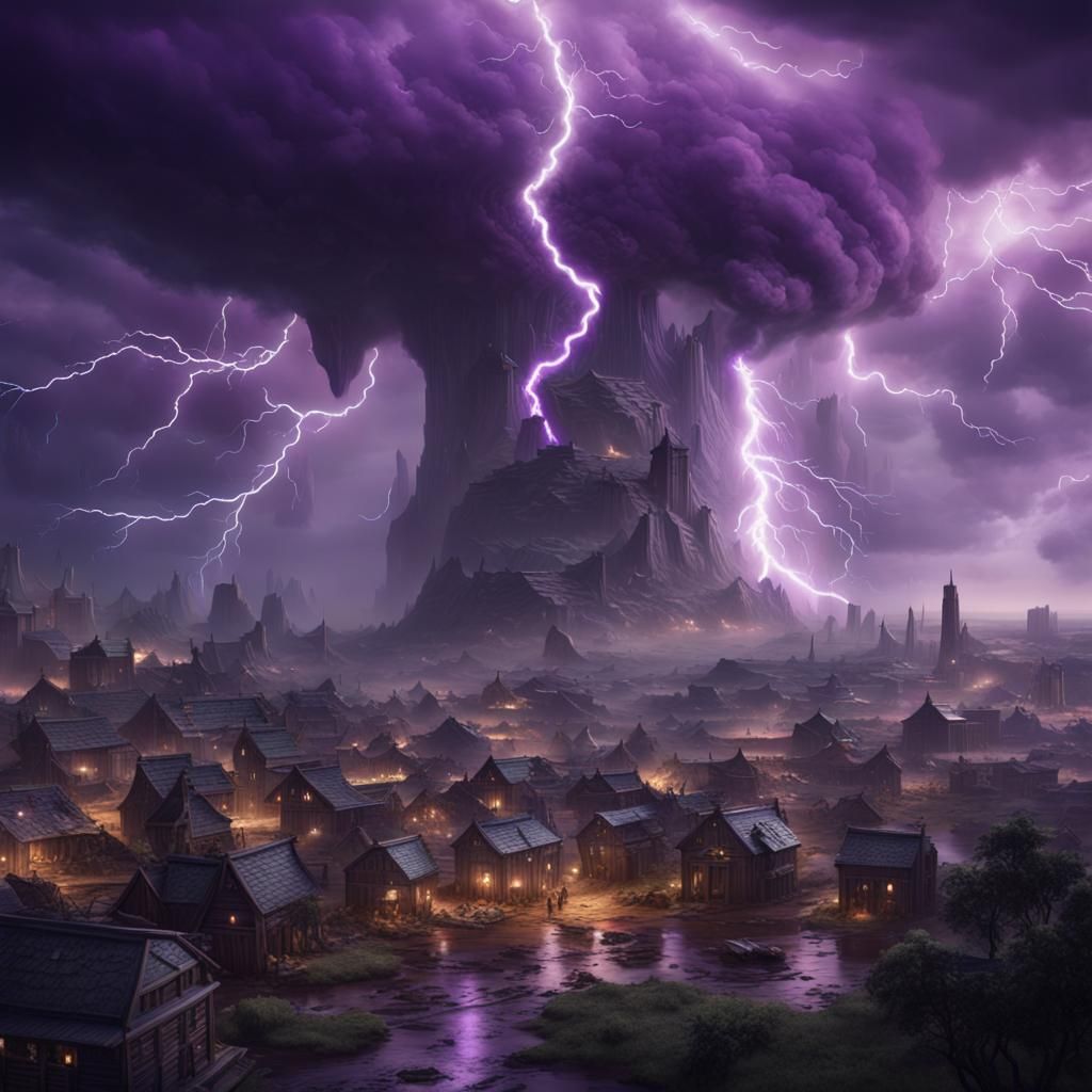 Viking City Under Tornado of Spirits, Fantasy Art
