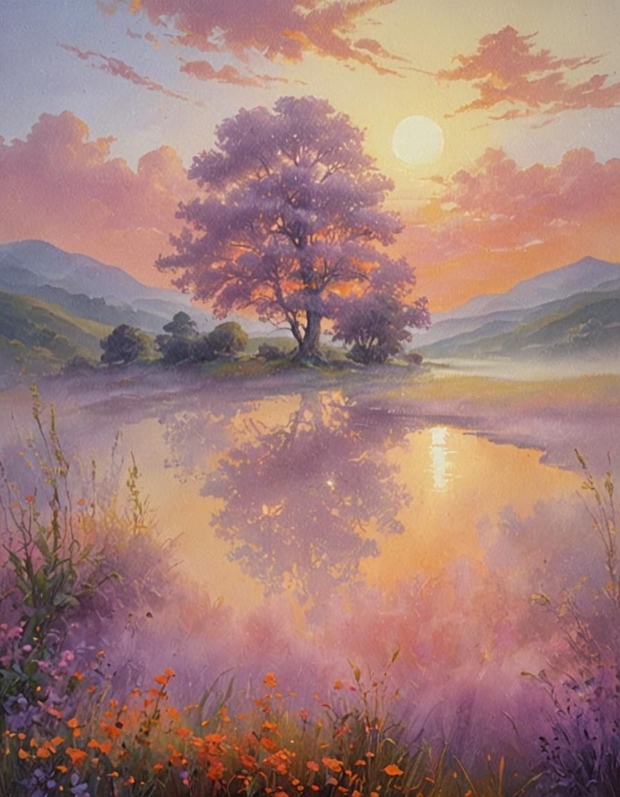 Ethereal Sunrise Landscape Painting in Pastel Colors