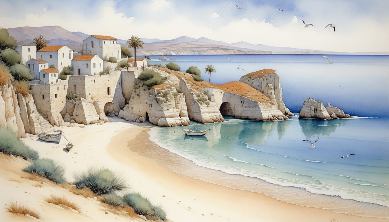 Seagulls on Greek Island Beach in Vibrant Watercolour Style