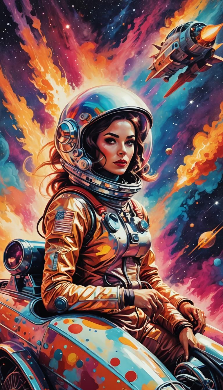 Retrofuturistic Pinup Girl on Spaceship in Pop Art Style