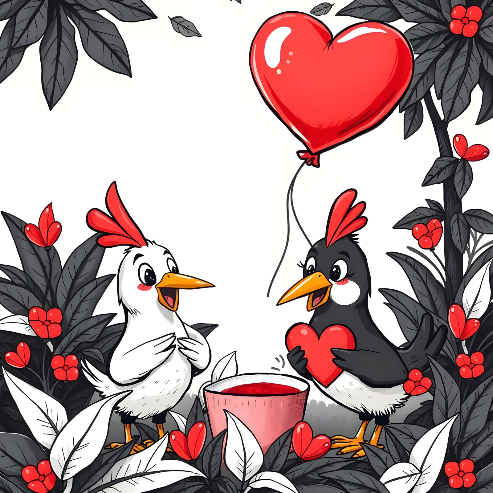 Romantic Birds in Black and White with Red Hearts