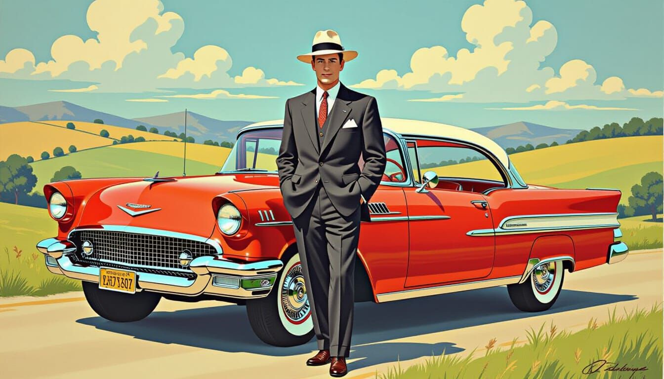 Dapper Man and Classic Car in Retro Illustration Style