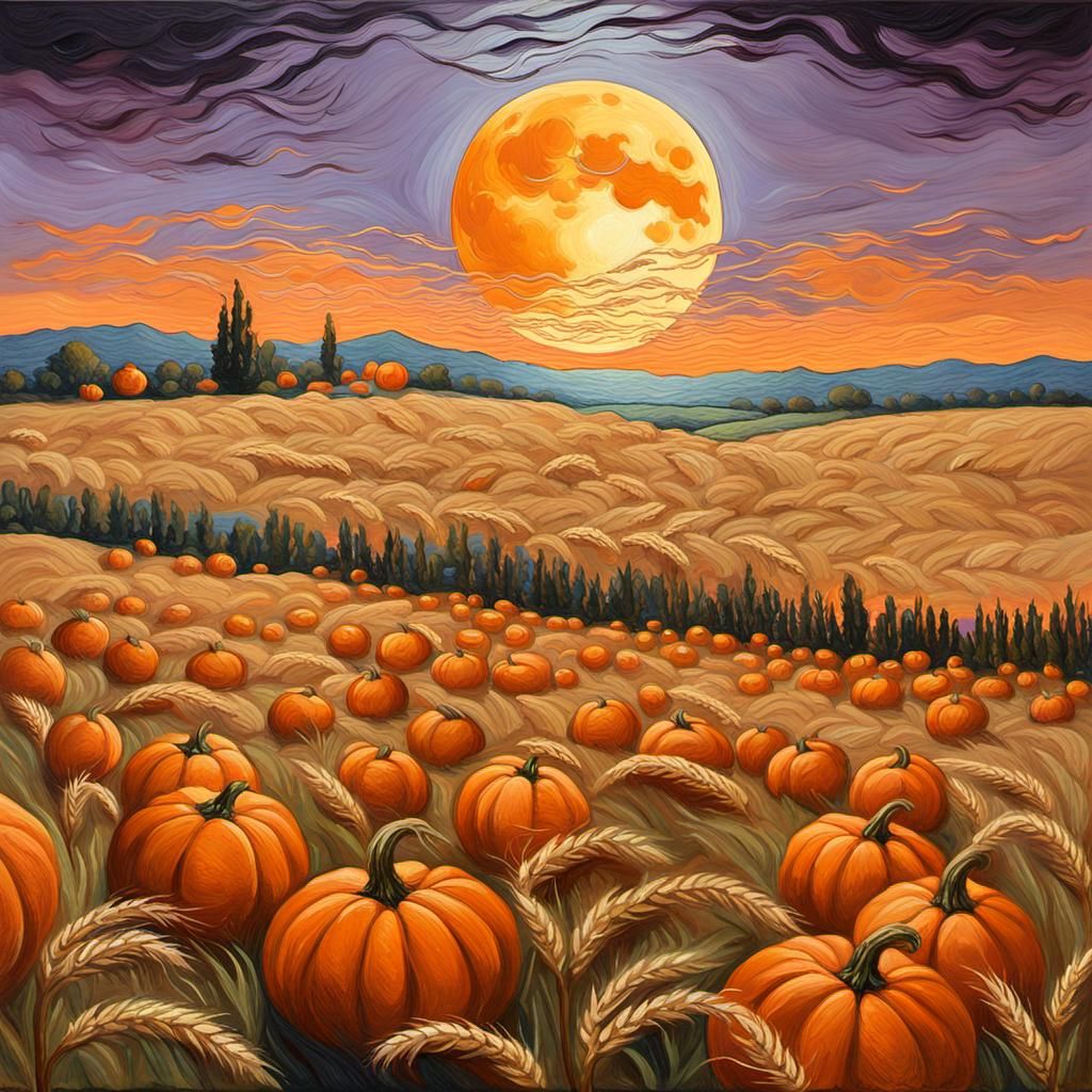 Glowing Harvest Moon Over Wheat Field, Impressionist Style