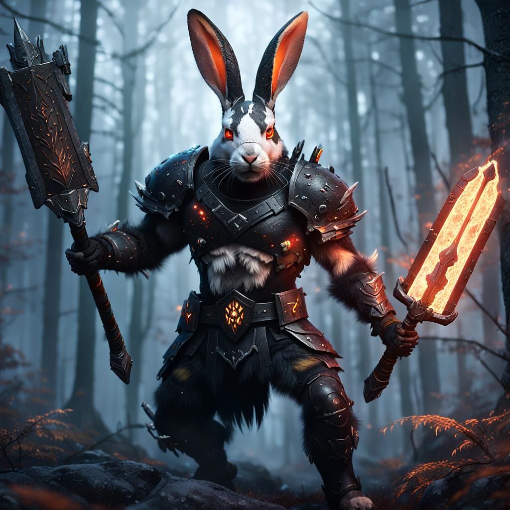 Rabbit Barbarian in Misty Forest, Detailed Matte Painting