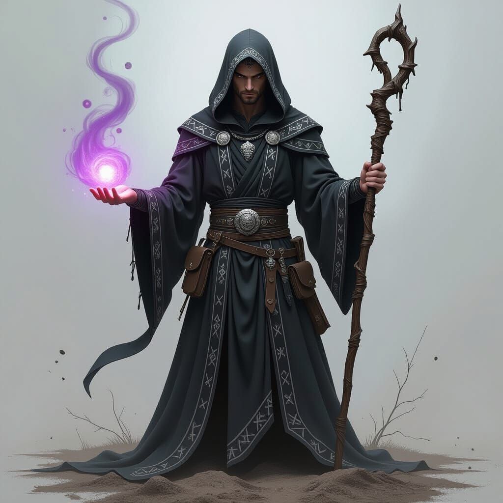 Enigmatic Mage with Staff and Corrupted Earth