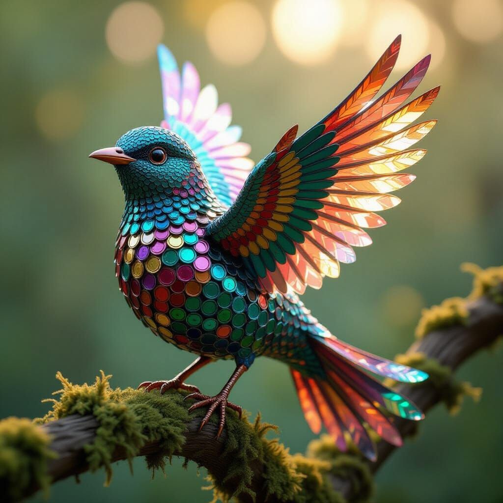Metallic Bird on Branch in Hyperreal Style