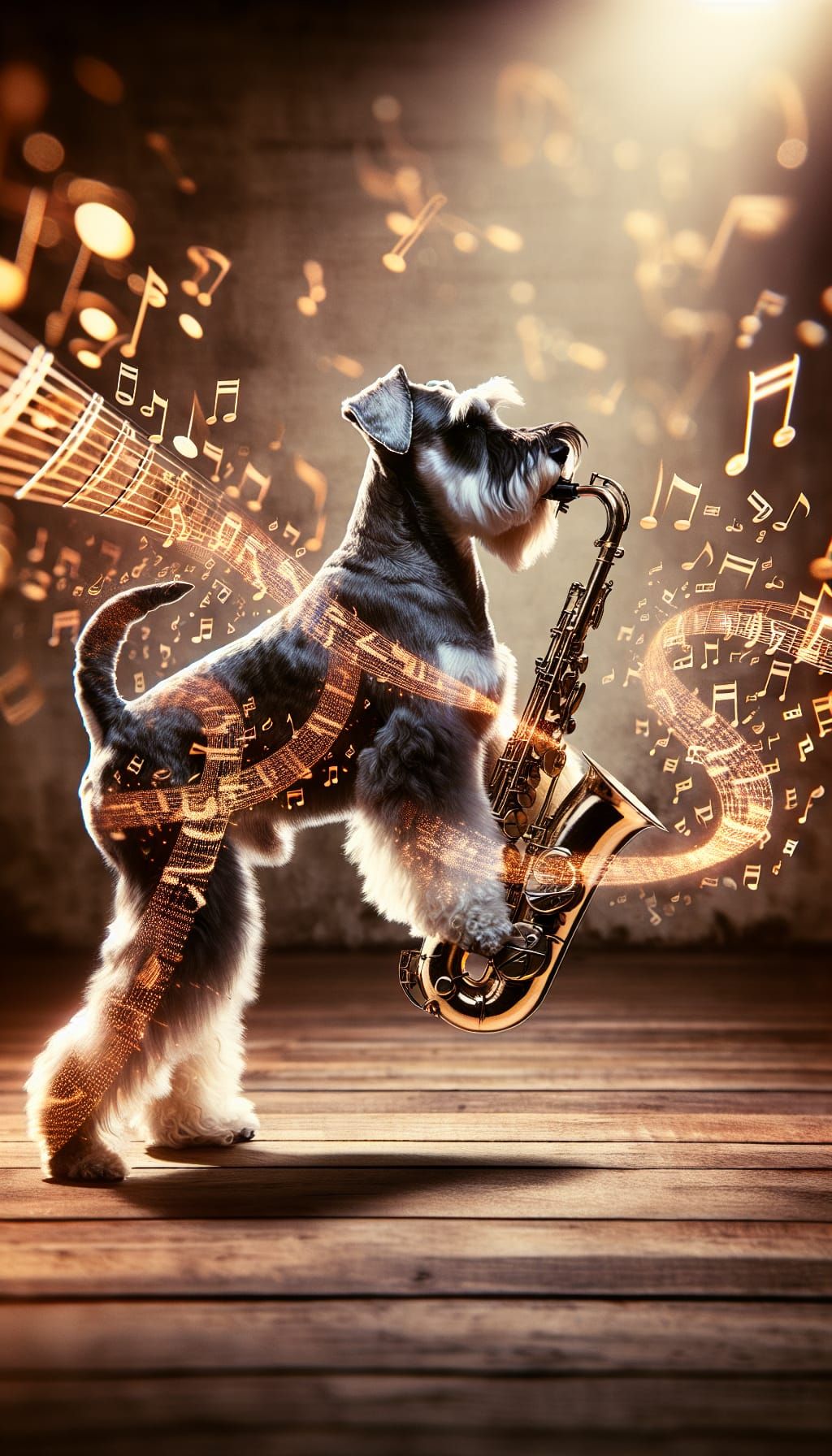 /imagine prompt: an artistic double exposure photograph of a schnauzer playing a saxophone, positioned sideways, perfect...