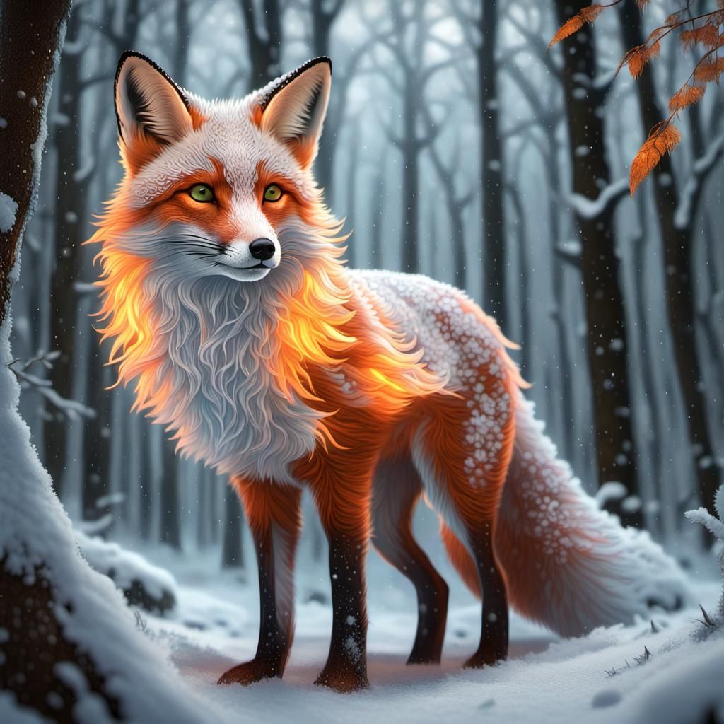 Bioluminescent Fox Walking in Snowy Beech Forest