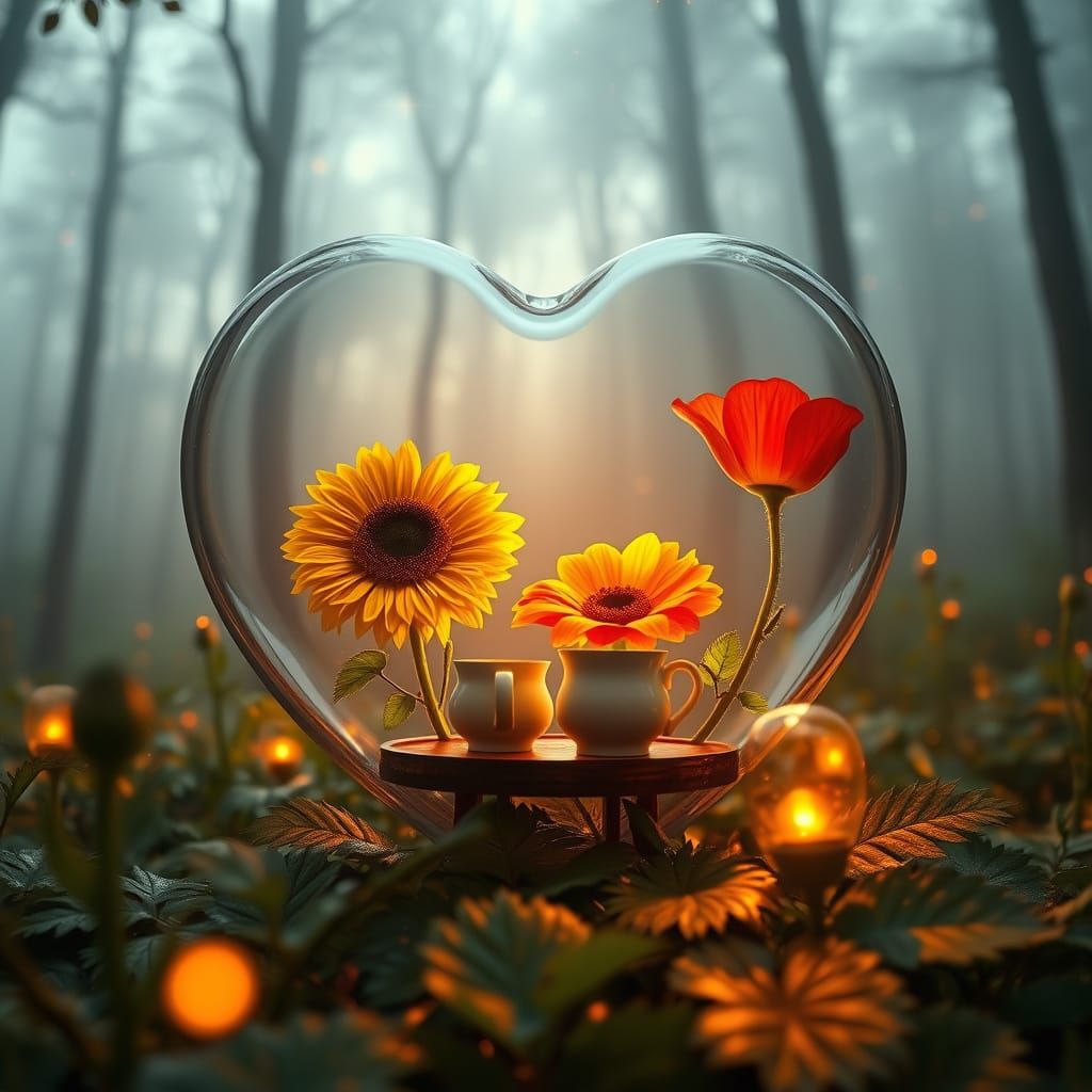 Sunflower and Poppy Afternoon Tea in Glass Heart