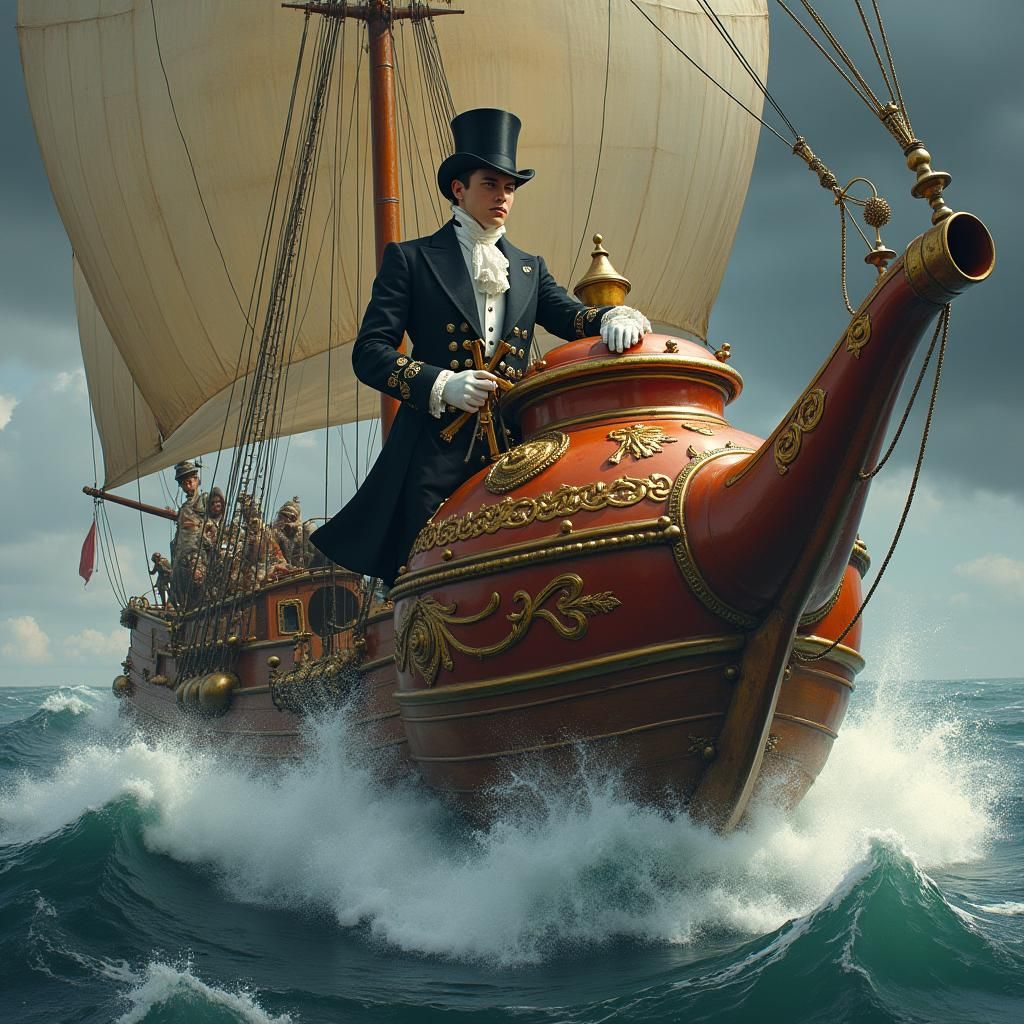 Steampunk Gentleman Captains Teapot Vessel in Storm