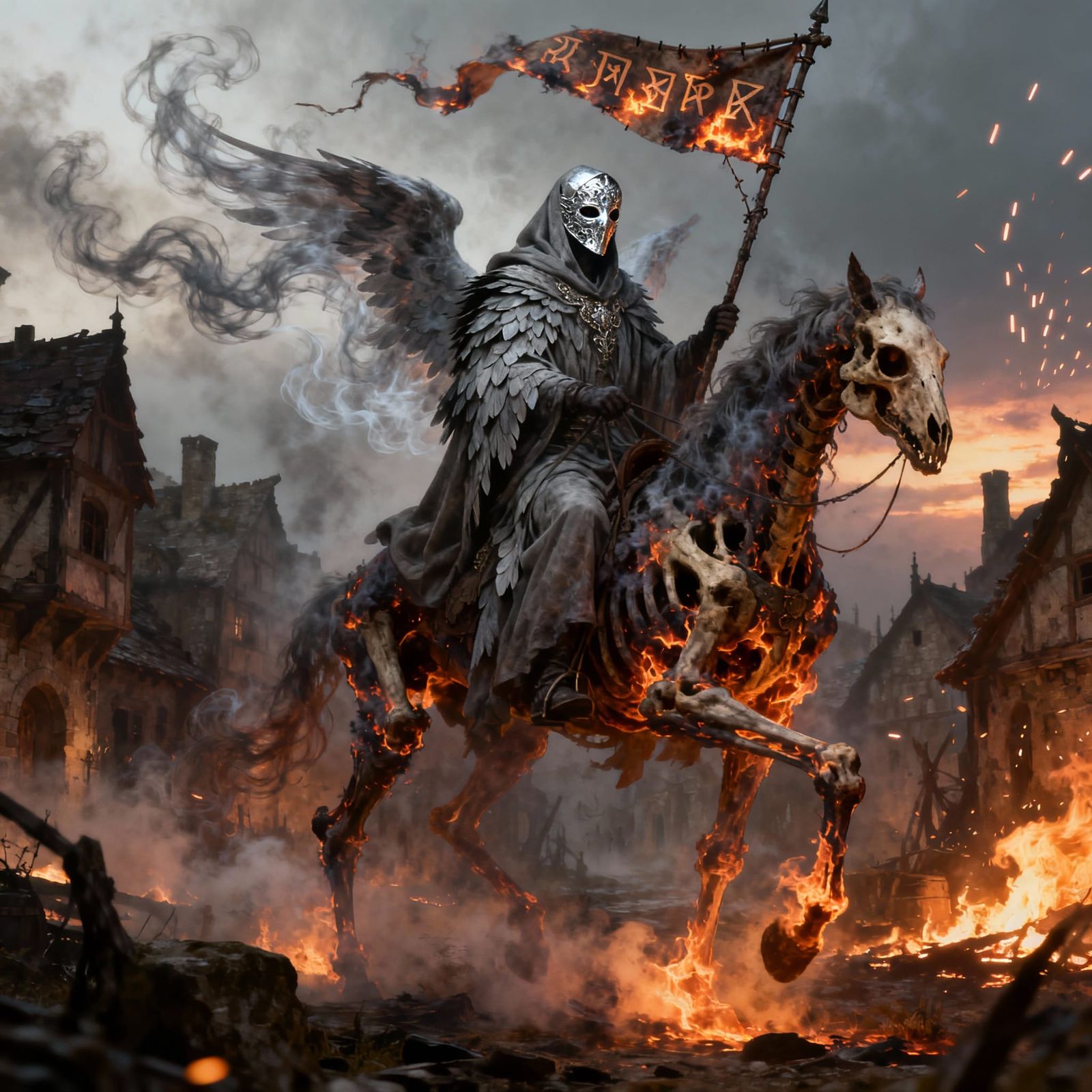 Spectral Rider on Fiery Steed in Desolate Village