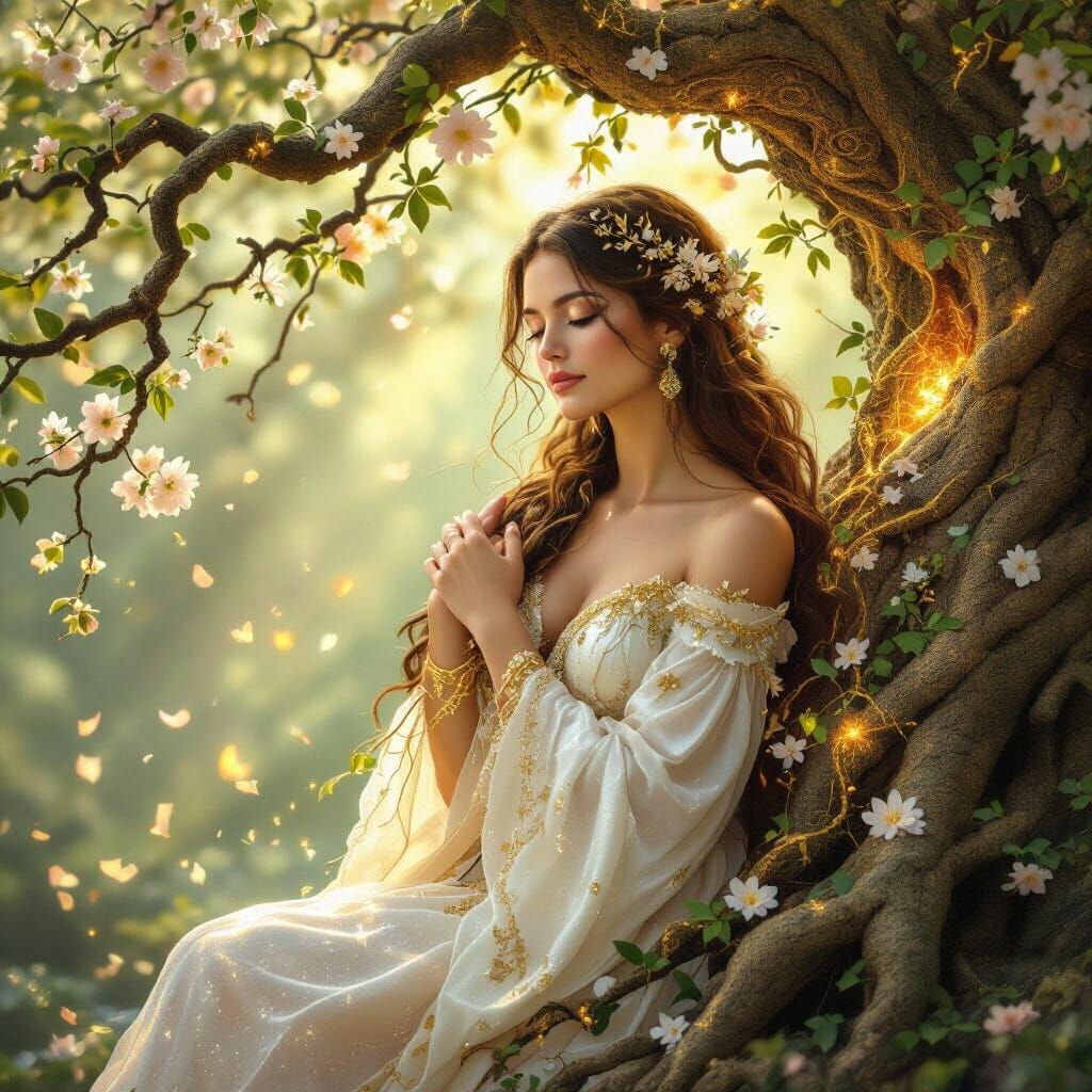 Golden Goddess Embracing Ancient Tree in Forest