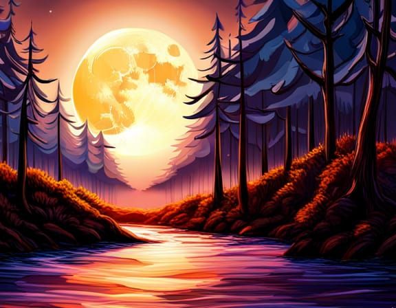 Hyperrealistic Woods at Night Under Full Moon