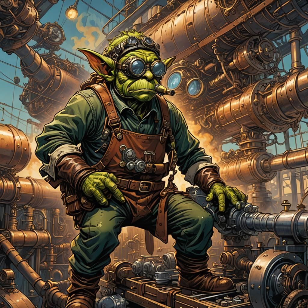 Goblin Mechanic Repairs Zeppelin in Comic Book Style