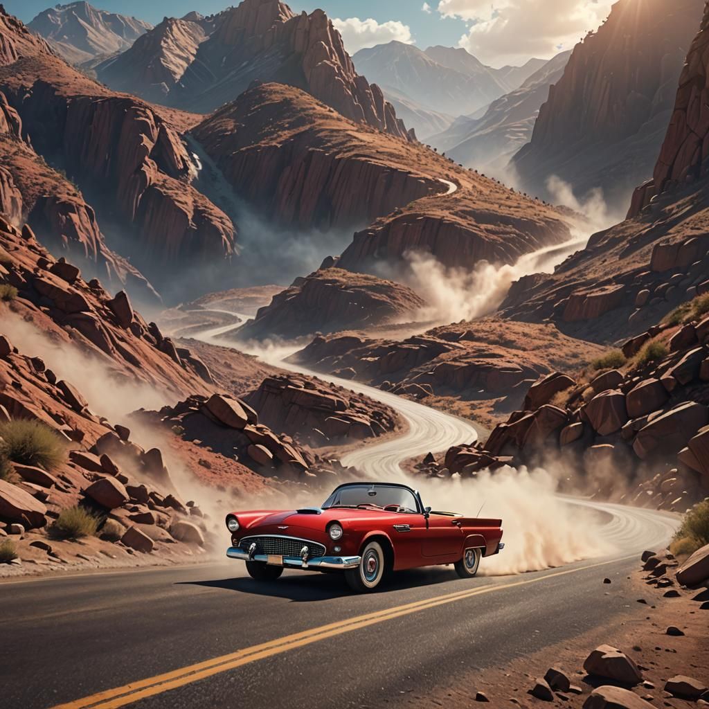 Red Ford Thunderbird on Mountain Road, Matte Painting