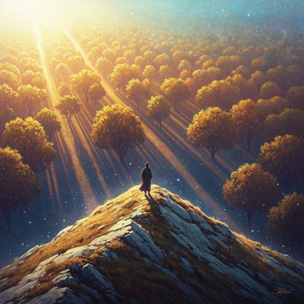 Autumnal Woman Overlooking Forest, Hyperrealistic Digital Ar...