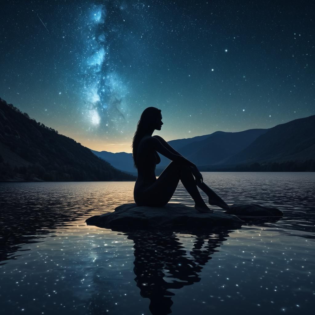 Silhouette of Woman by Lake Under Starry Sky