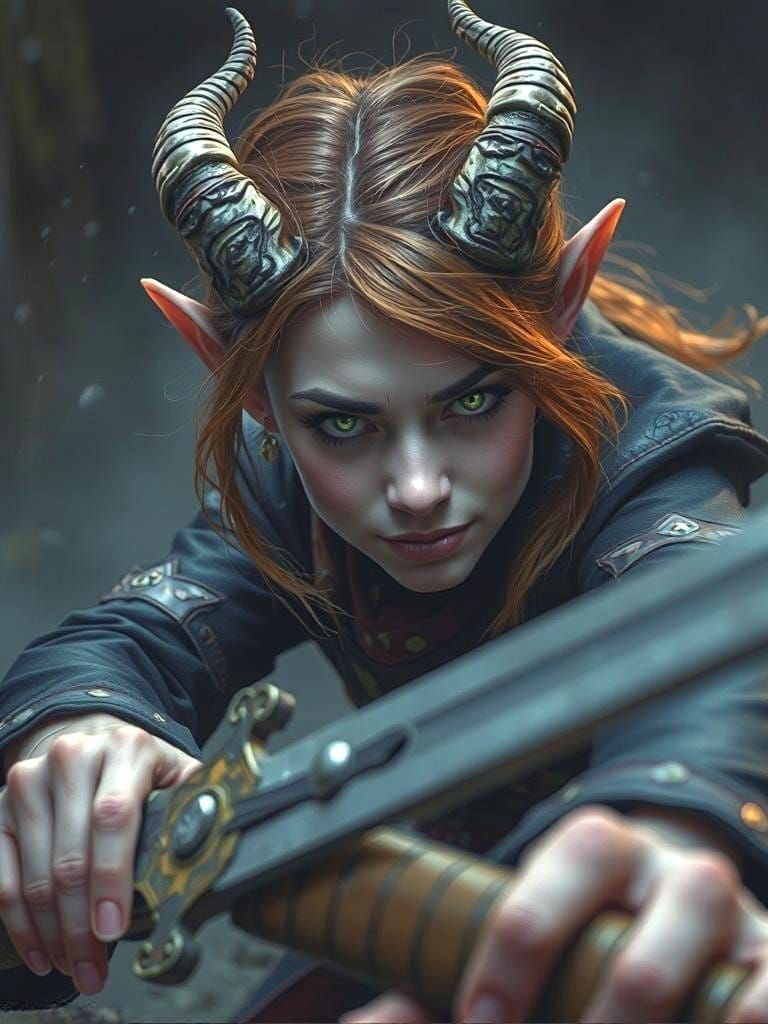 Tiefling rogue, poised to parry