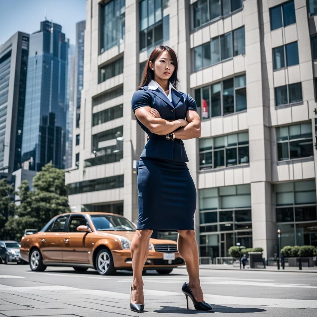 Strong Salarywoman Flexing Bicep in City