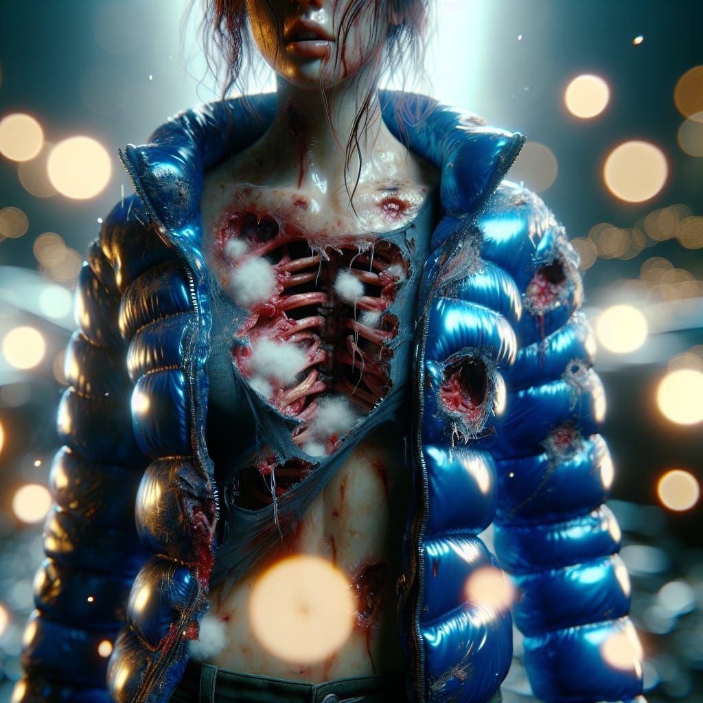 attractive female zombie in a blue shny nylon puffer down jacket after a battle. her outfit is ripped up, torn, tears, r...