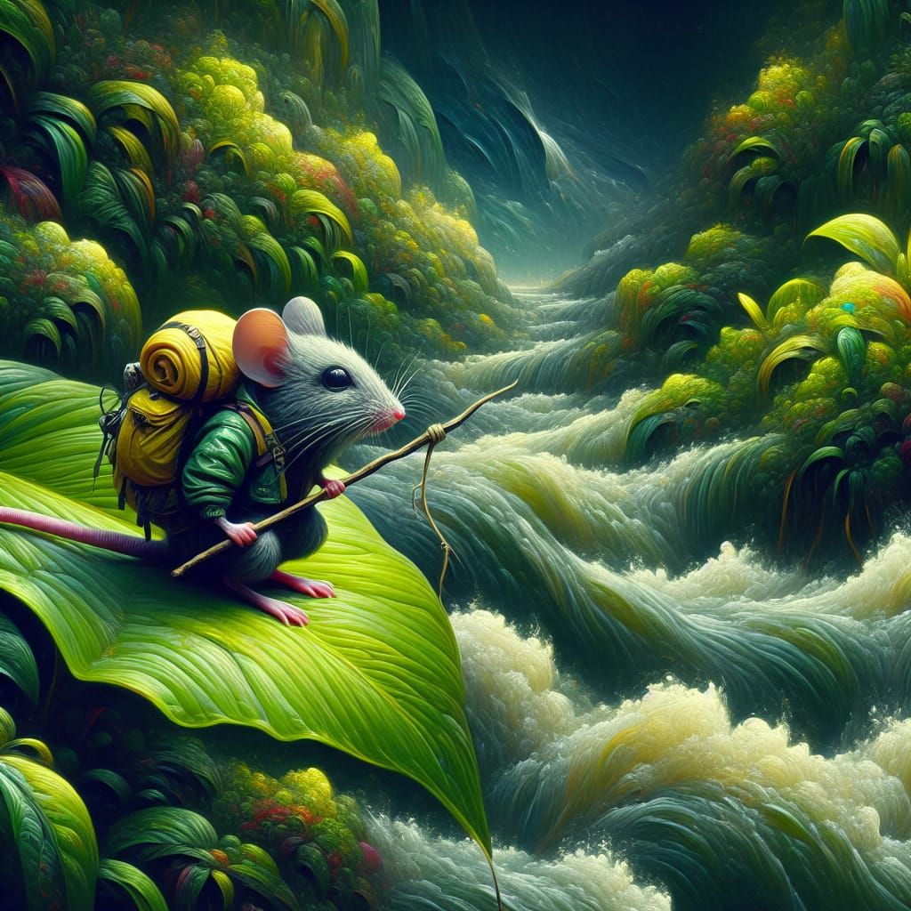 Adventurer Mouse Rides Leaf Raft on Raging River