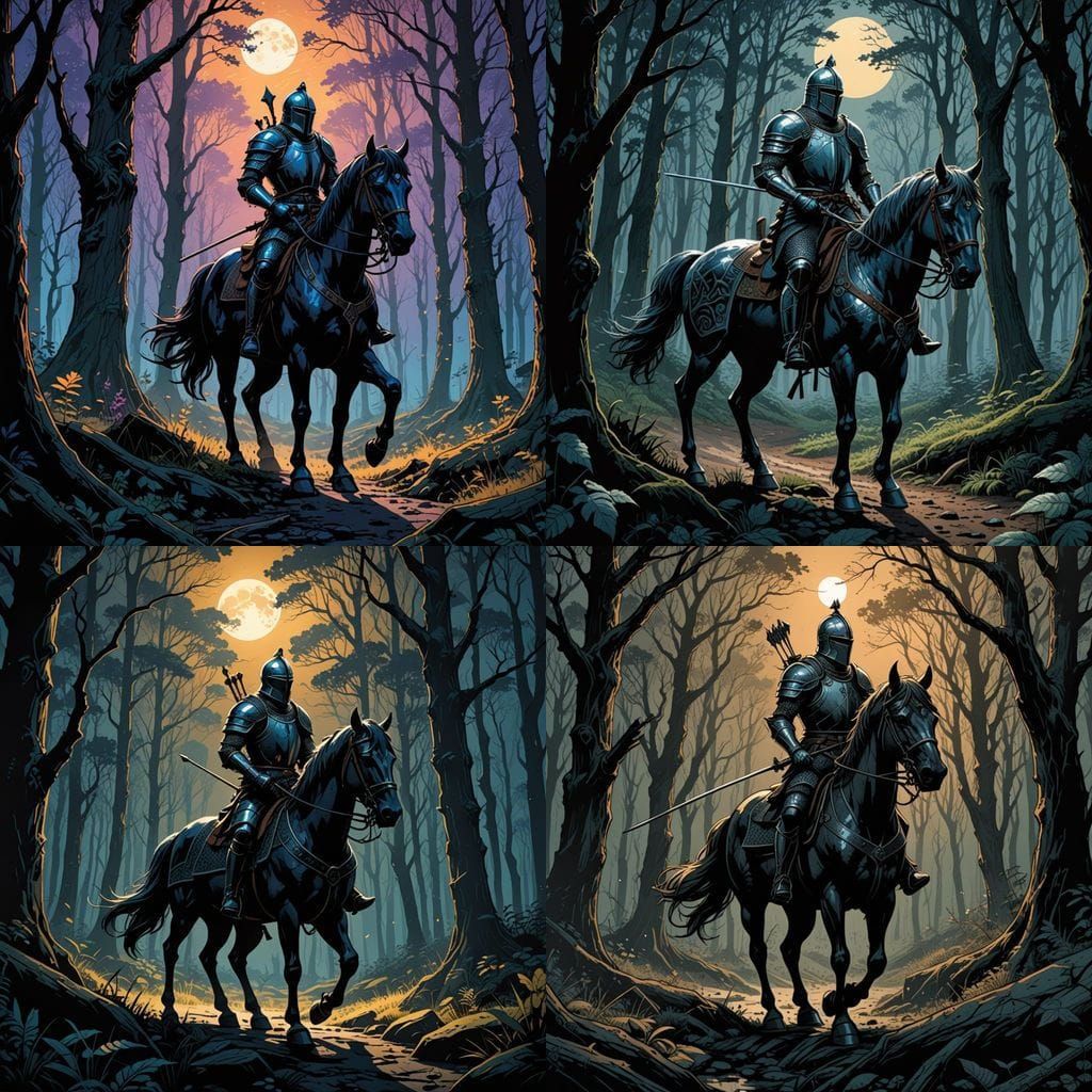 Knight and Archer in Dark Forest, Comic Book Art