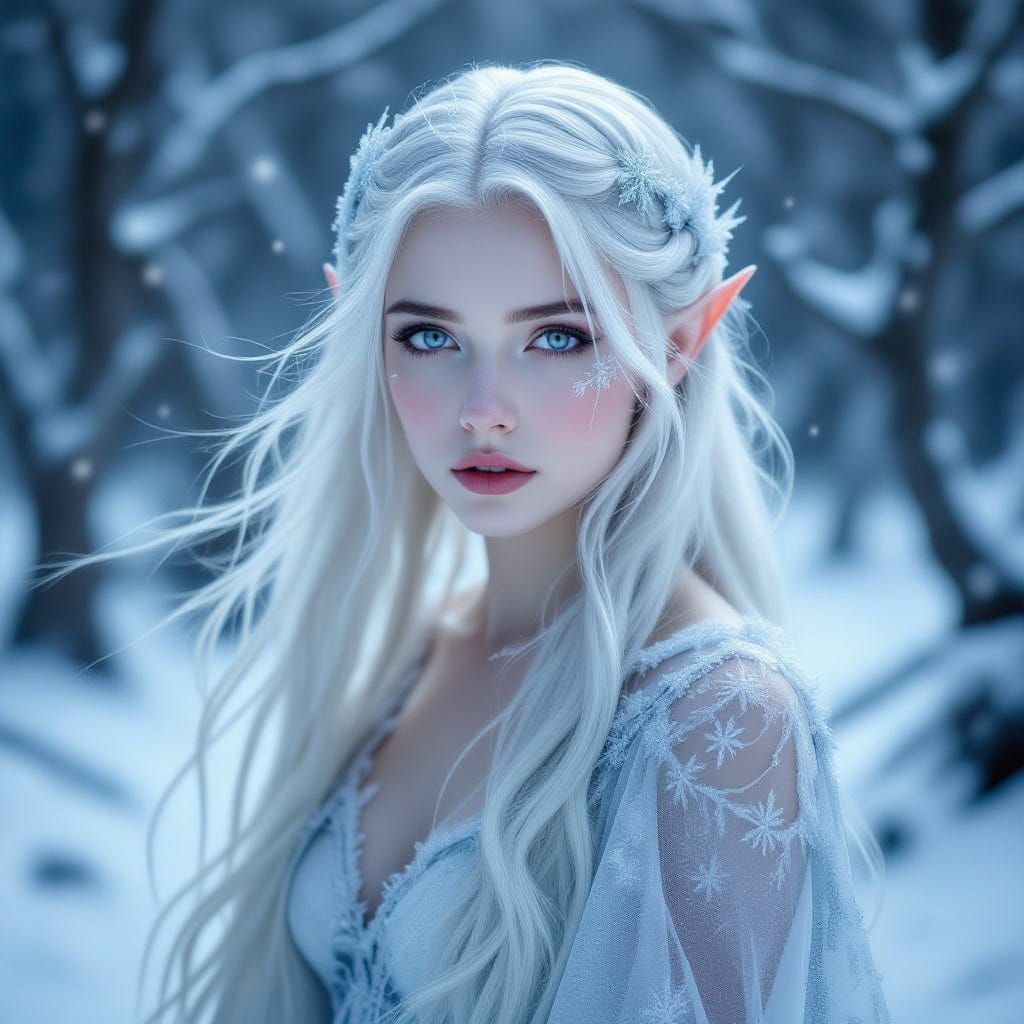 Melancholic Winter Fae Girl in Snowy Forest
