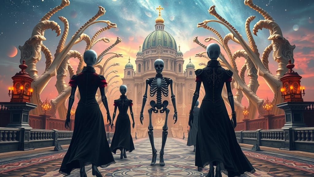 Headless Figures Approach a Gothic Palace Made of Ivory Bone...