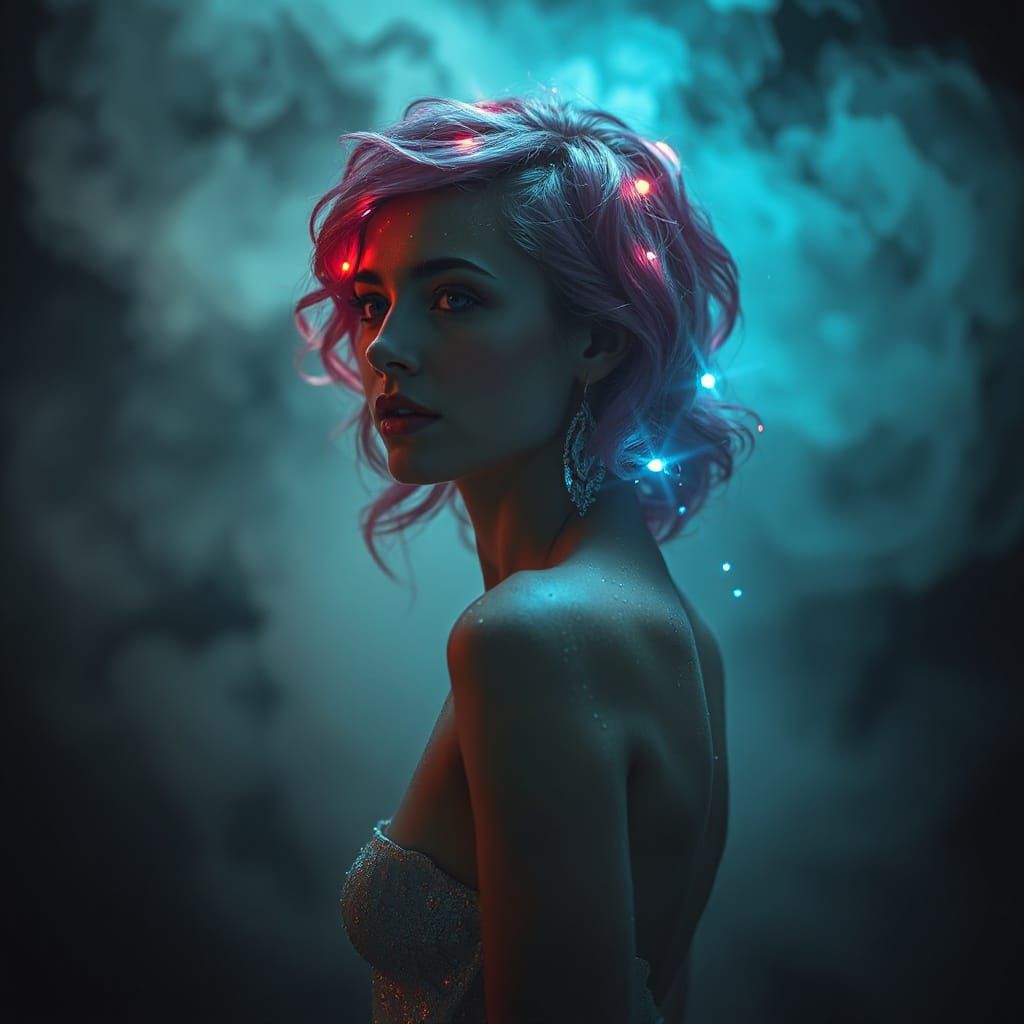 Woman with Glowing Rose Hair in Sfumato Style
