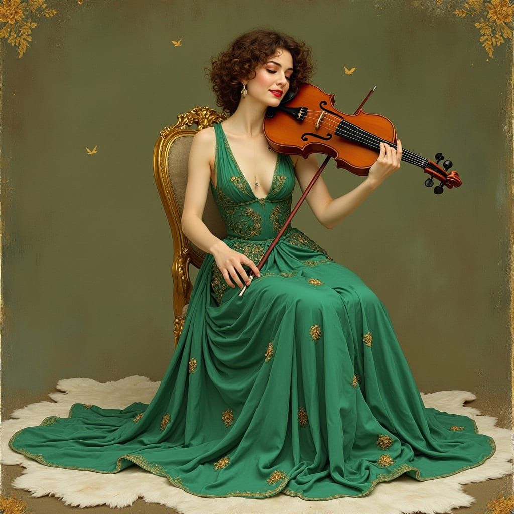 Elegant Woman with Antique Violin, Art Nouveau Style