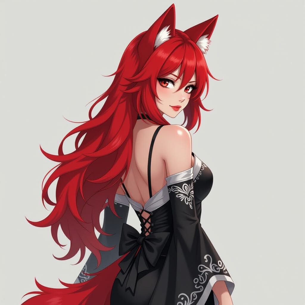 Red Haired Kitsune in Silver and Black Dress