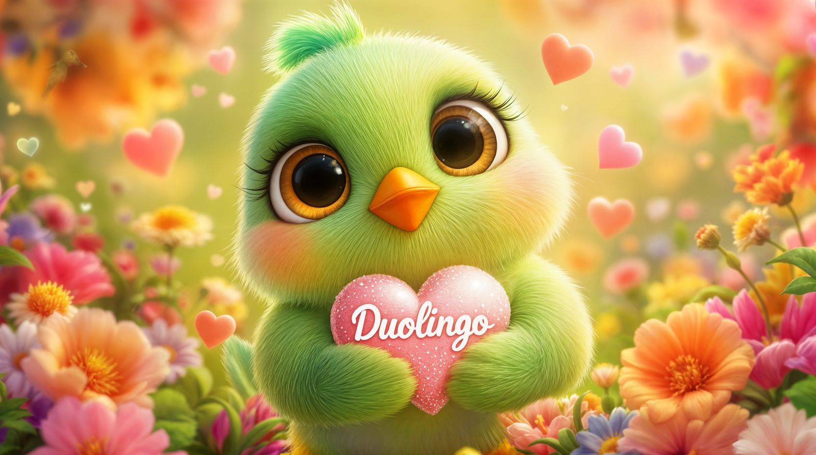 Joyful CGI Cartoon Bird Holds Heart in Bouquet of Flowers