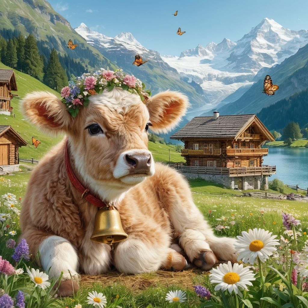 Fluffy Swiss Calf in Alpine Meadow