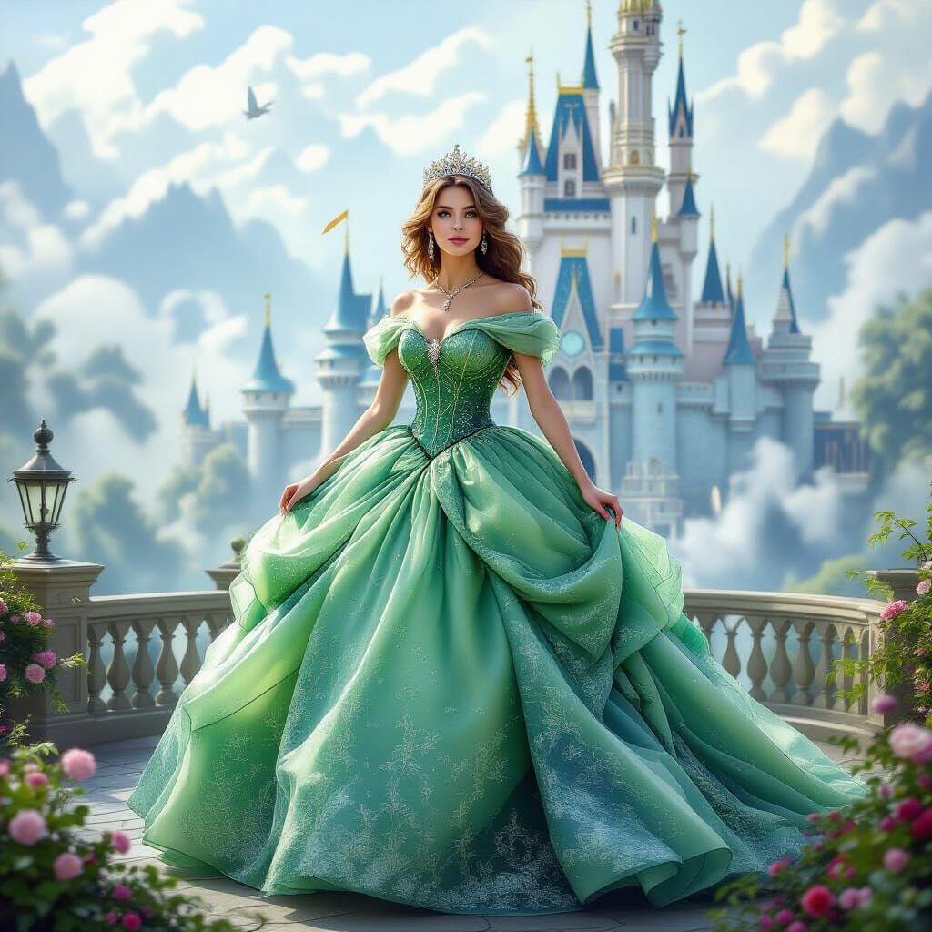 Princess in Sparkly Green Gown at Ethereal Castle