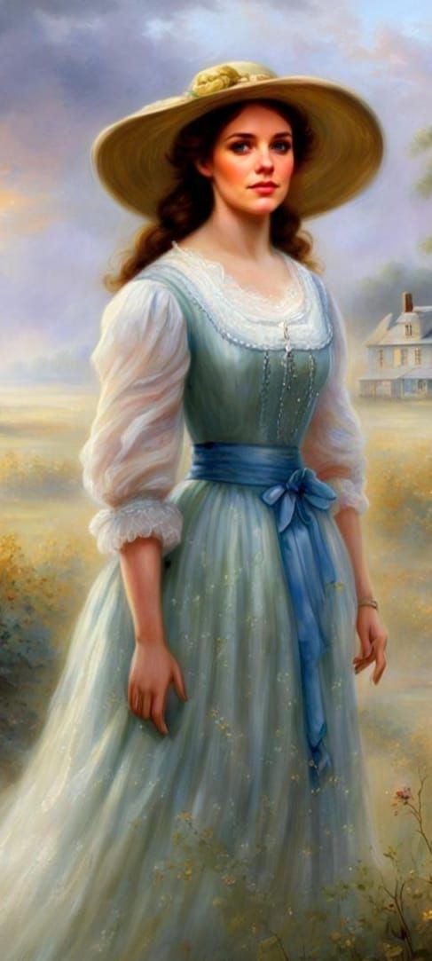 Pioneer Woman in Ethereal Prairie Landscape