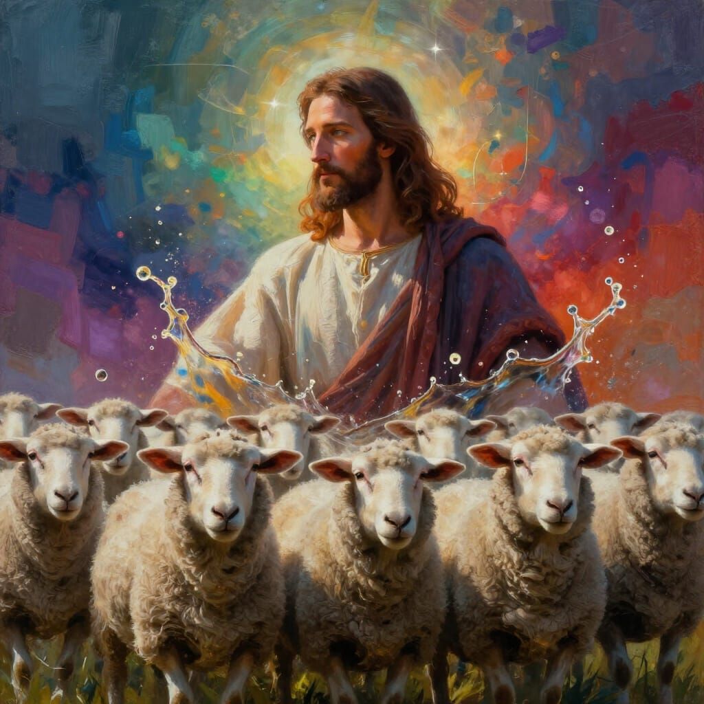 Jesus the Shepherd with Flock, Hyperrealistic Splash Art
