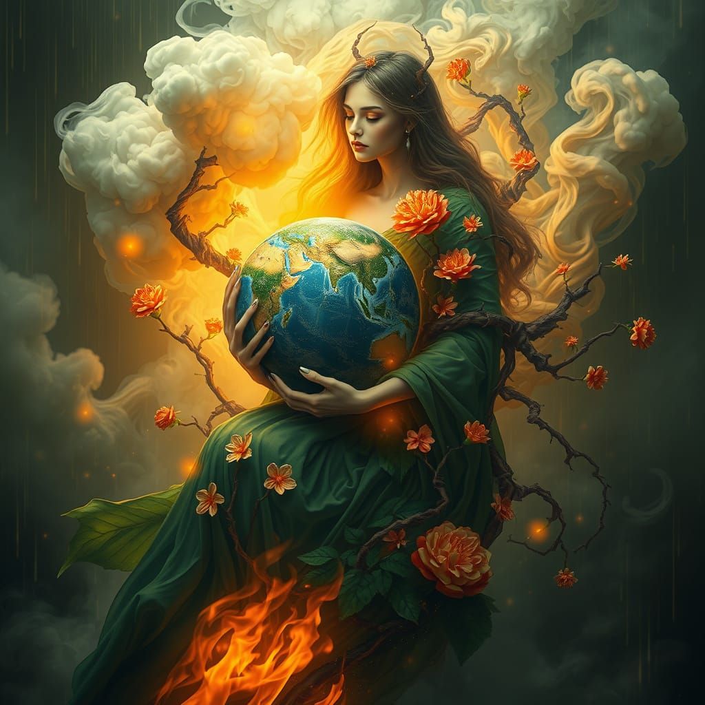 Sorrowful Mother Nature Cradles World in Fiery Landscape